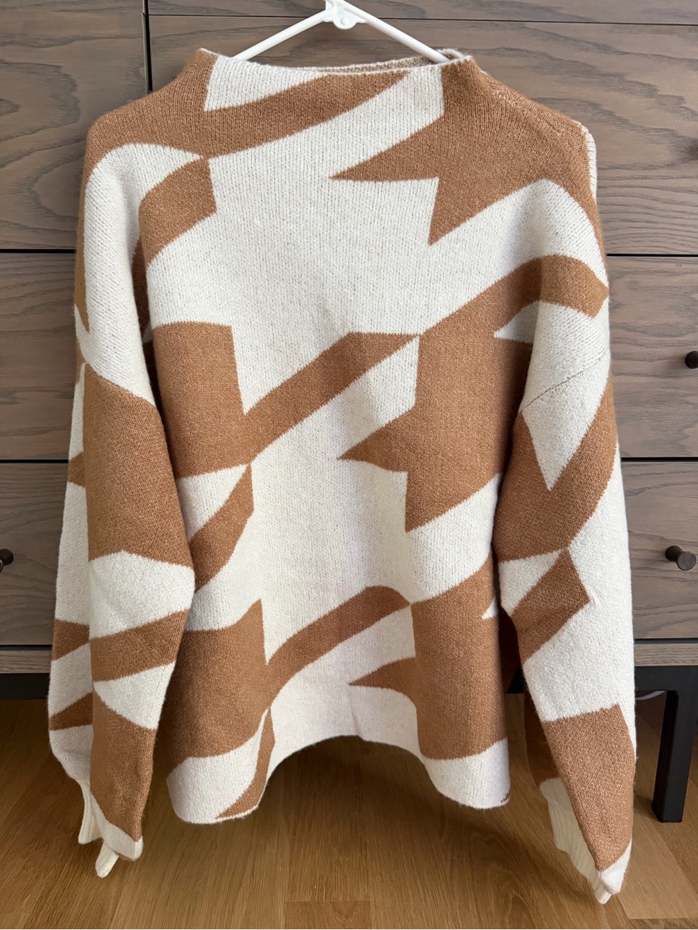 Bluivy Cream and Brown Geometric Crewneck Sweater